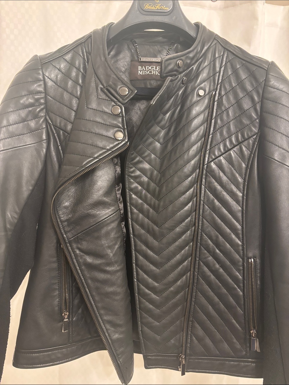 Badgley Mischka Black Quilted Chevron Leather Moto Jacket